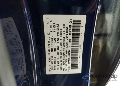 2016 Honda Accord Exl из США, поврежденный, VIN 1HGCR2F84GA098550